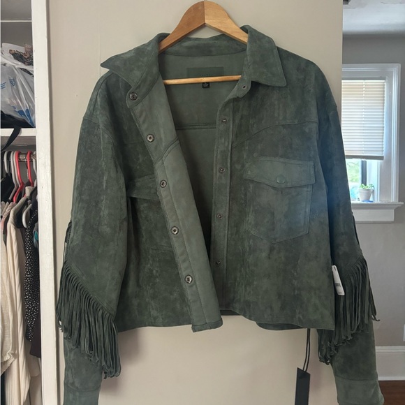 NWT Free People Twist and Shout Vegan Fringe Jacket Sz Large Olive Branch - Picture 3 of 7